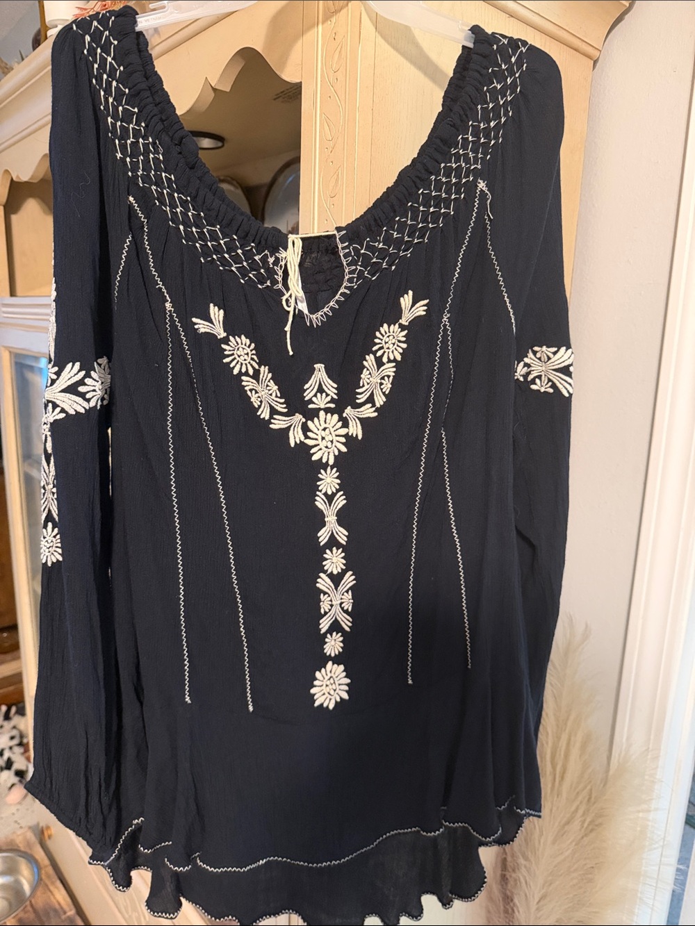 Free People Black Peasant Tunic with Cream Floral Embroidery